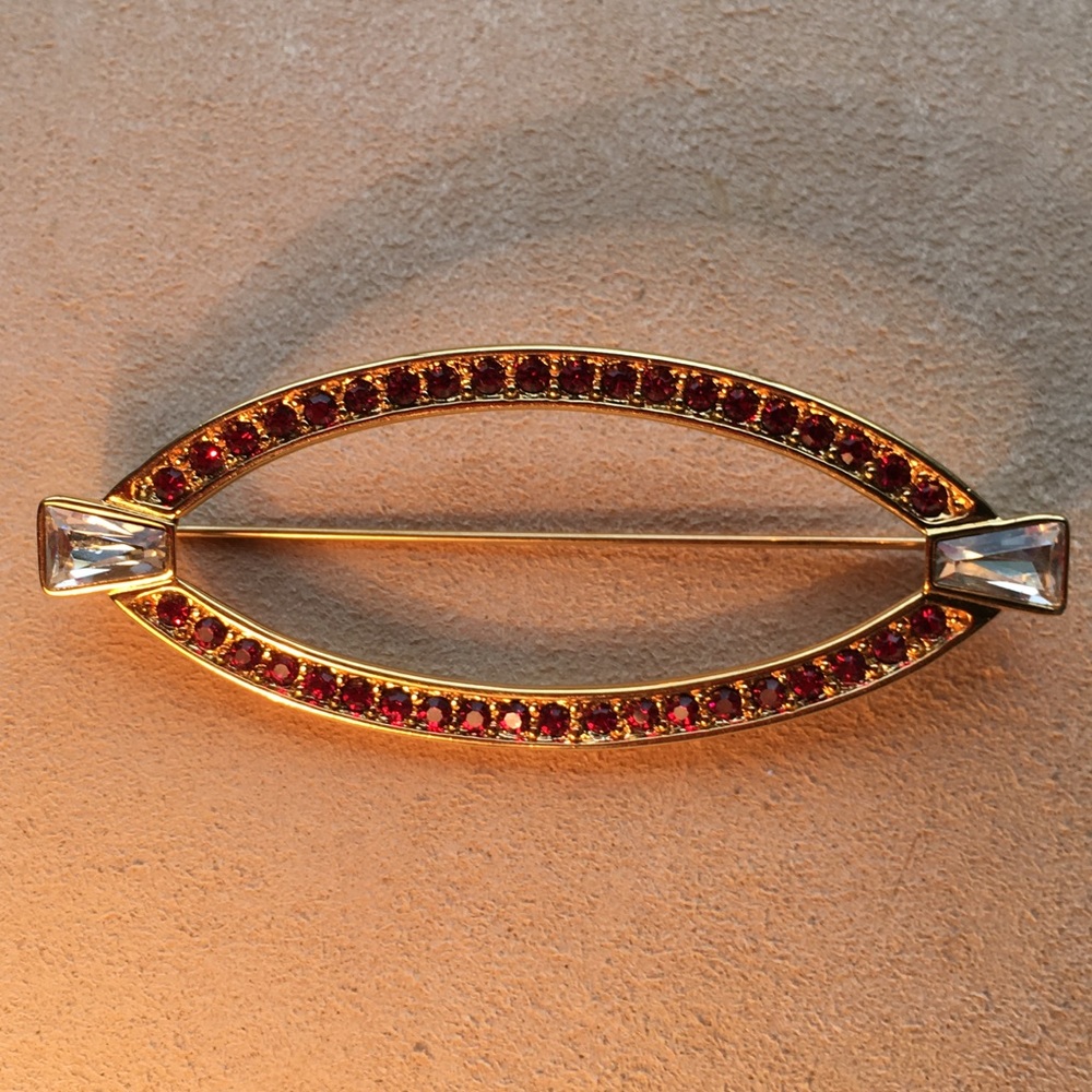 Monet Red and Clear Rhinestone Gold-tone Pin